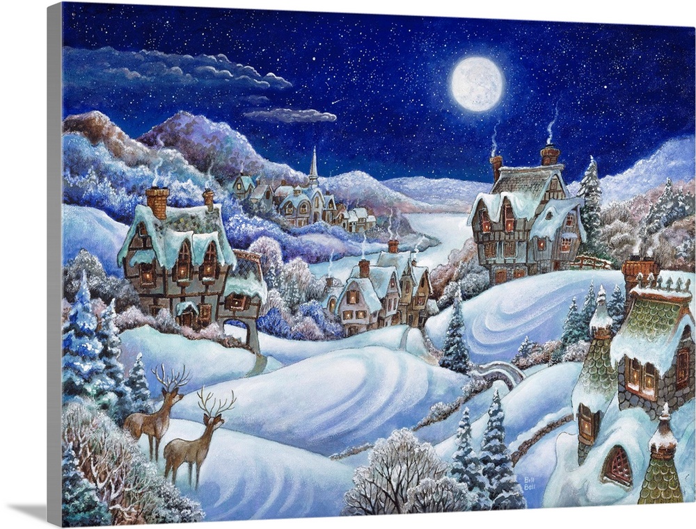 A winter village with a full moon and two deer standing in the meadow.