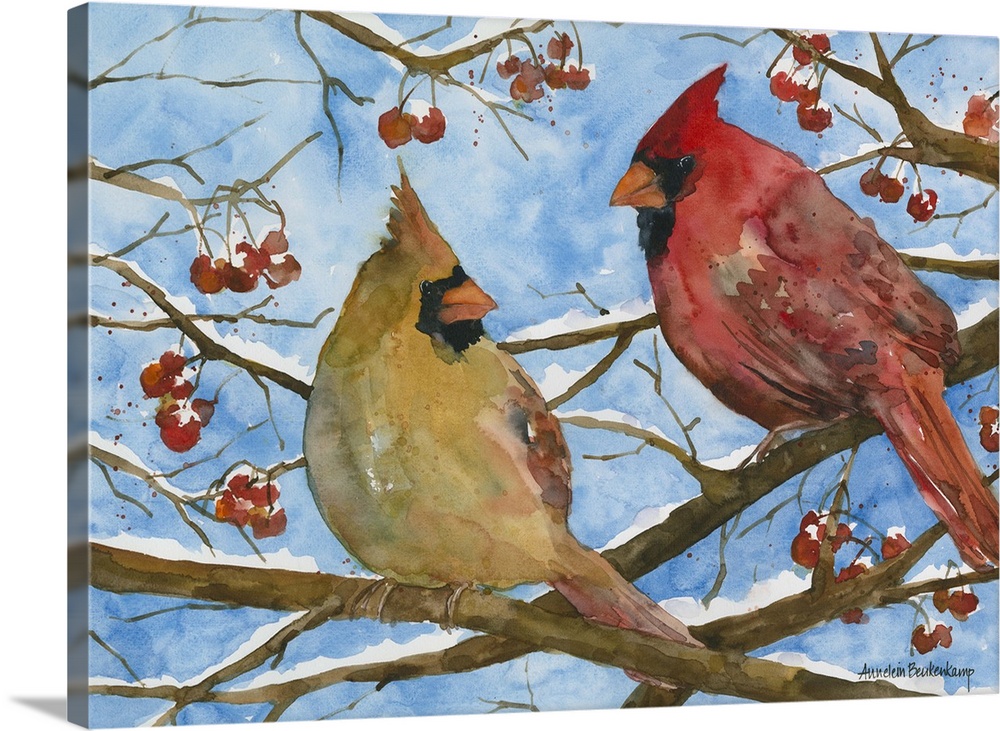 Male and female cardinals in a tree.