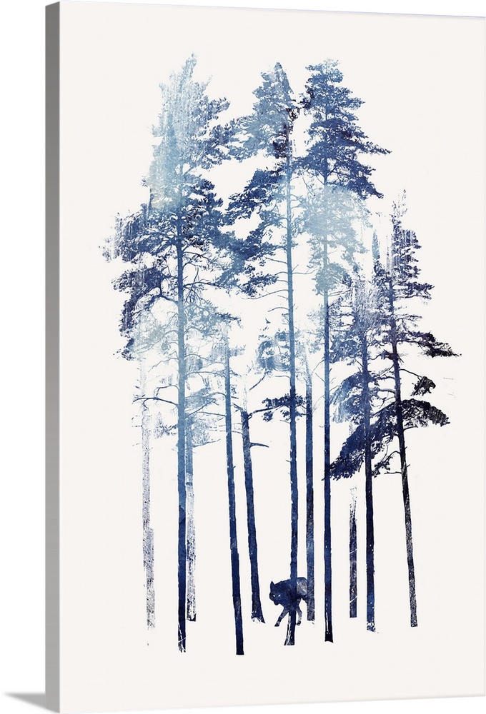 Contemporary artwork of a wolf moving through a grove of tall trees.