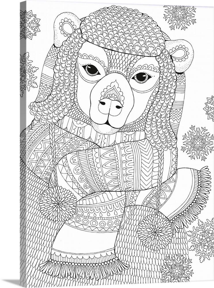 Winter themed black and white line art of a cute polar bear wearing a Winter hat, sweater, and scarf with snowflakes in th...
