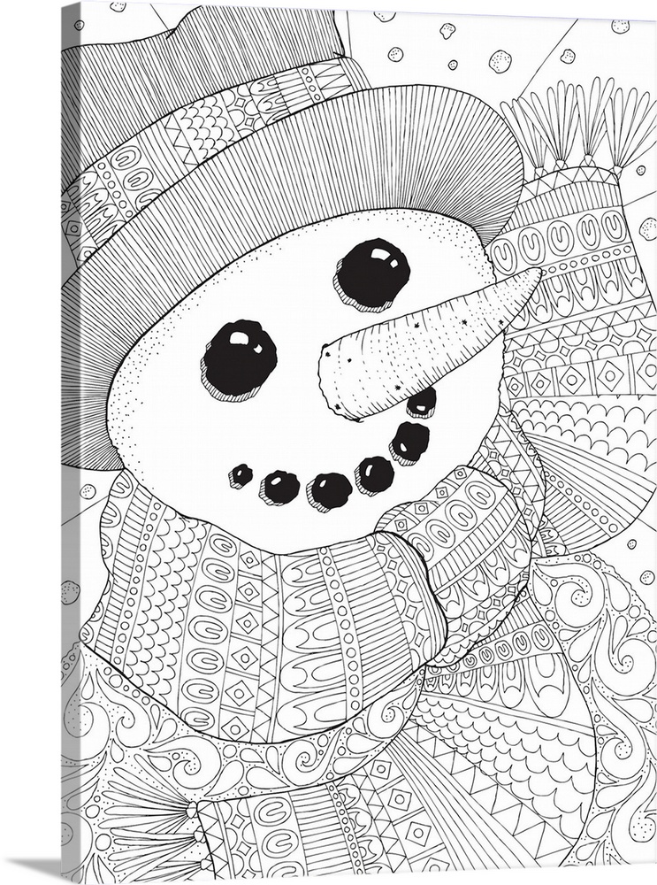 Black and white line art of a snowman wearing an intricately designed scarf and top hat.