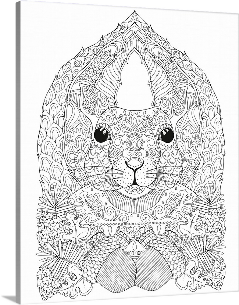 Black and white line art of an intricately designed squirrel wearing a Winter sweater and surrounded by pine cones, acorns...