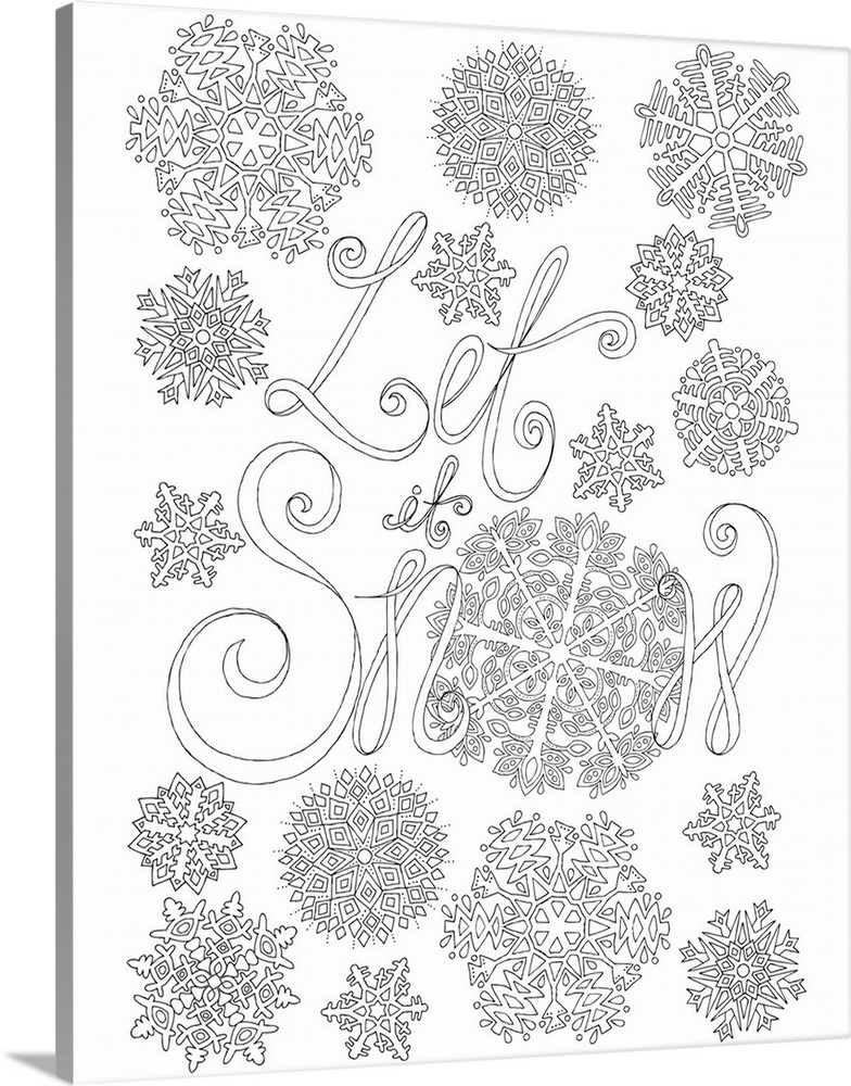 Black and white line art with intricately designed snowflakes and the phrase "Let it Snow" written in the center.