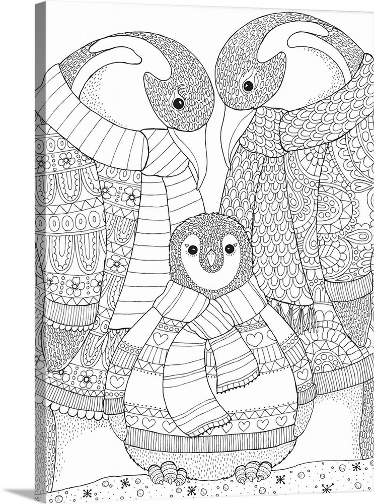 Contemporary black and white lined design of three penguins wearing fun sweaters and scarves.