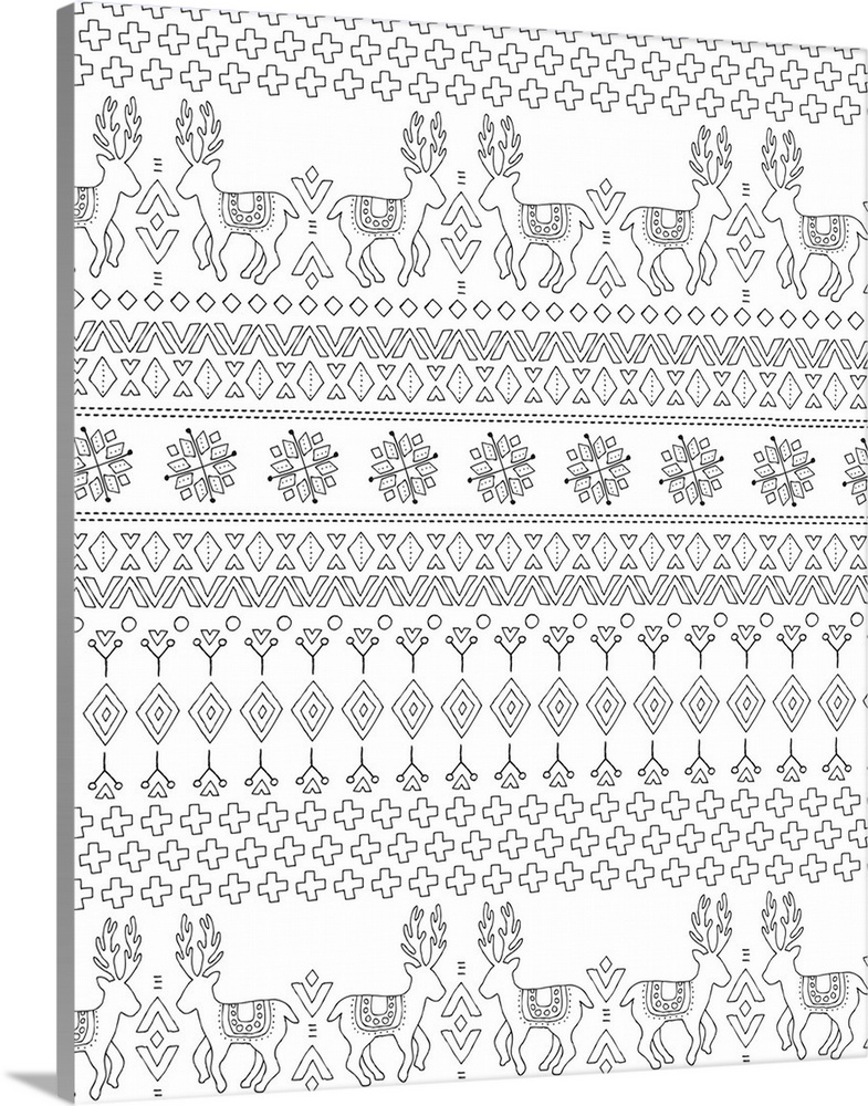 Black and white Winter themed line art pattern with snowflakes and reindeer.