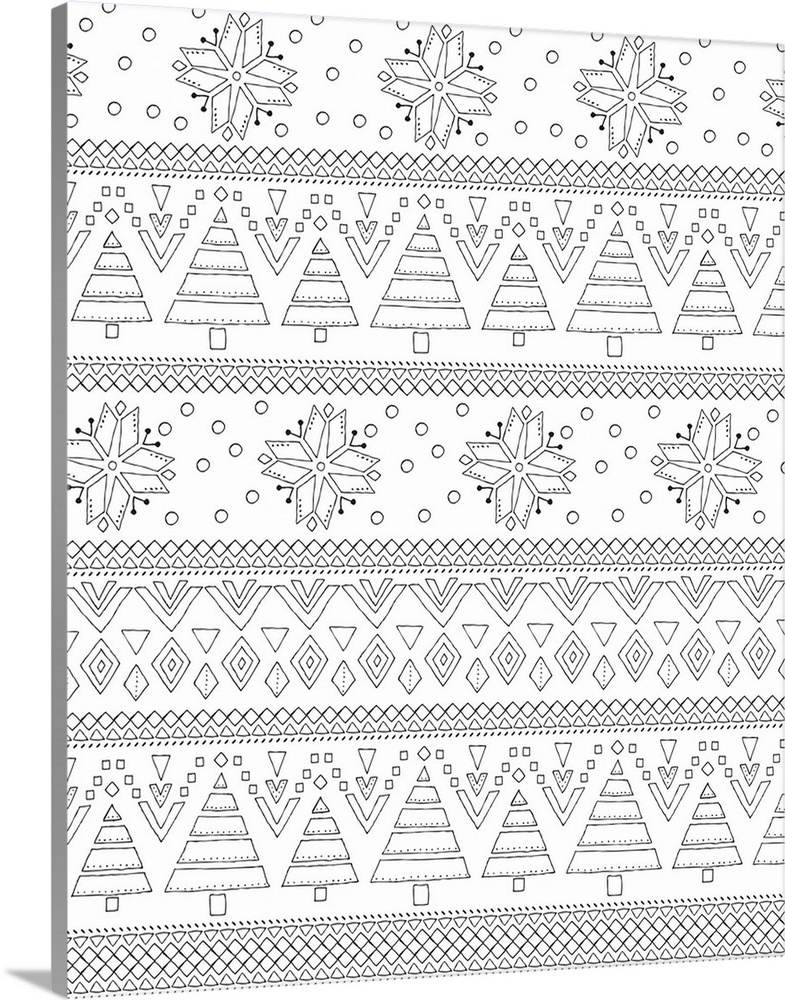 Black and white Winter themed line art pattern with Christmas trees and snowflakes.