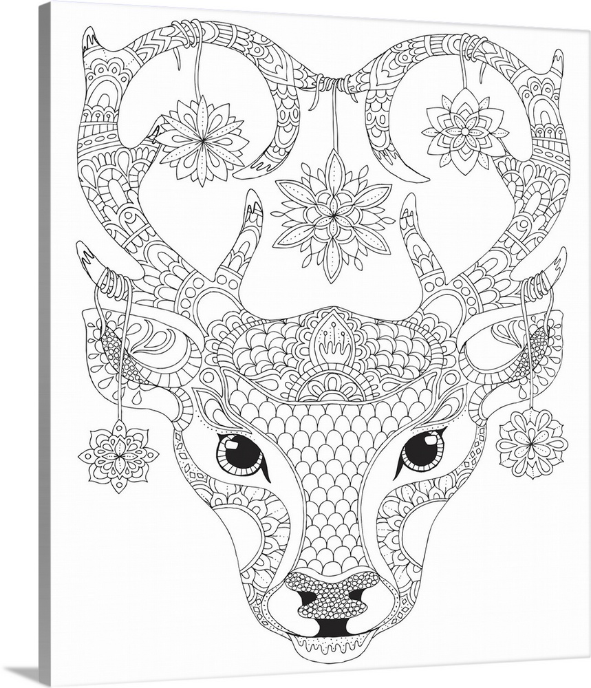 Black and white line art of an intricately designed reindeer face with snowflake ornaments hanging from the antlers.