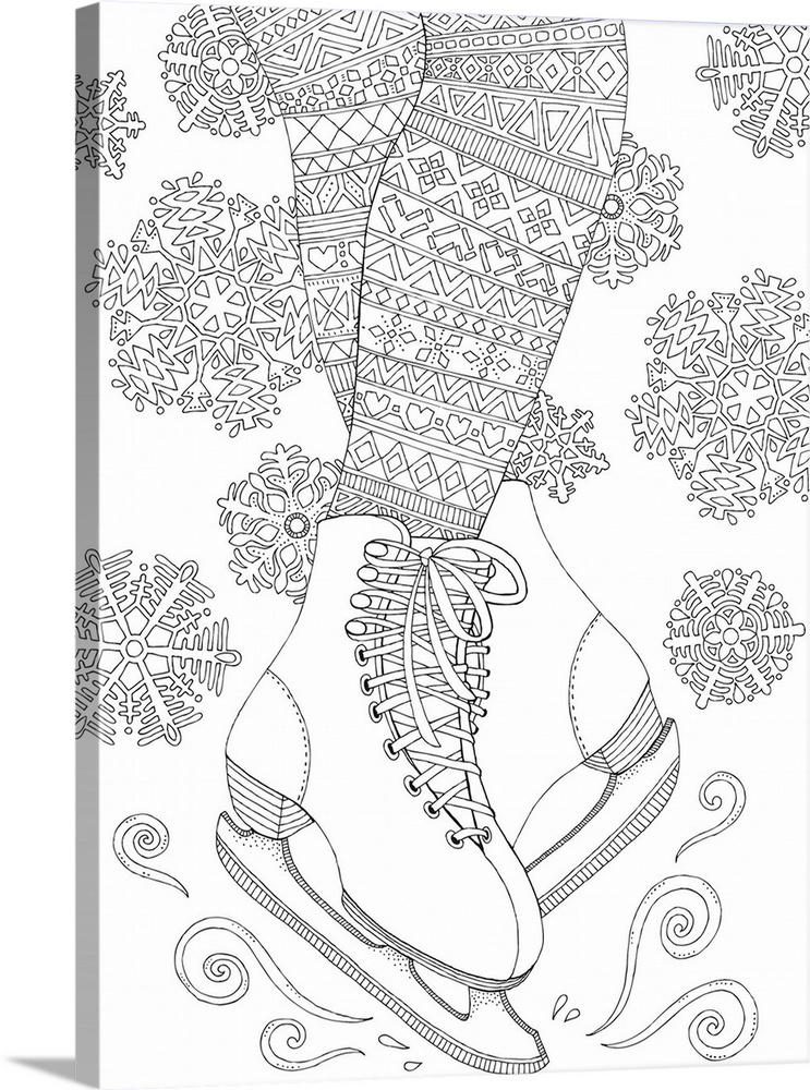 Winter themed black and white lined art of a pair of ice skates and snowflakes.