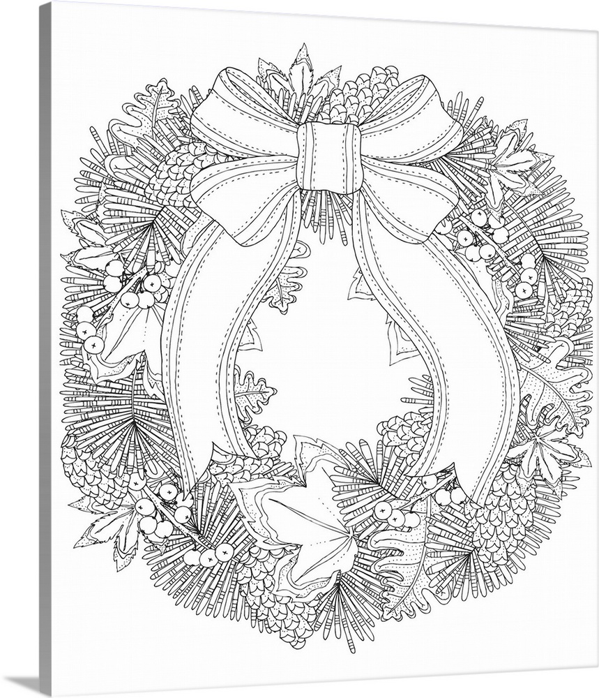 Black and white lined design of a Winter wreath.