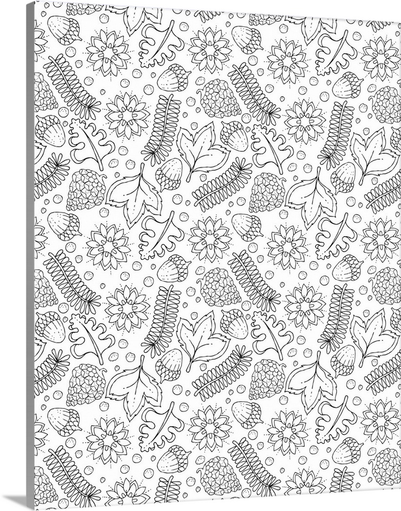 Black and white Winter themed pattern of winter vegetation such as pine cones, acorns, leaves, and ferns.