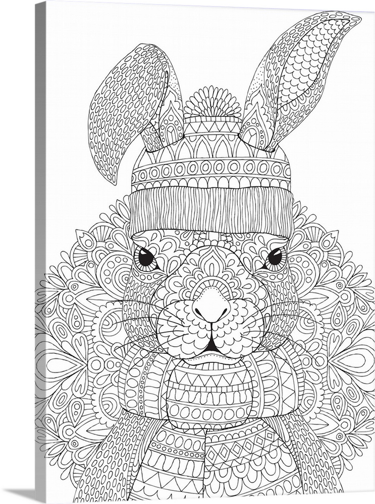 Black and white lined design of a rabbit wearing a winter hat and scarf.