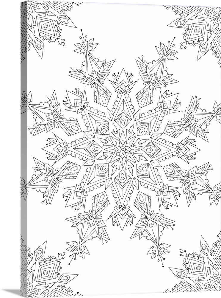 Black and white line art of intricately designed snowflakes.