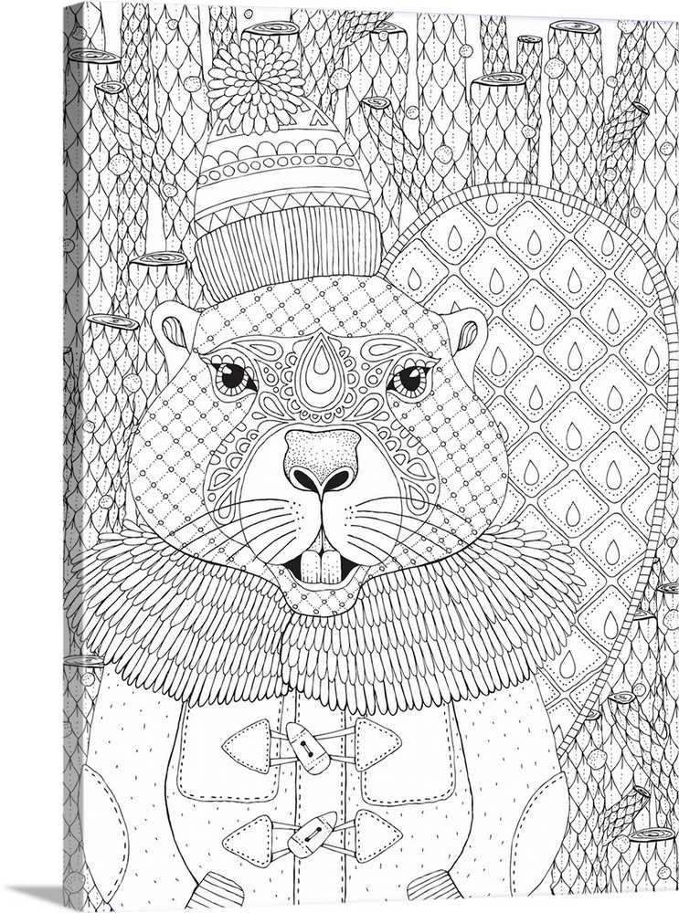 Black and white line art of an intricately designed beaver wearing a winter coat, hat, and scarf with wooden logs covering...