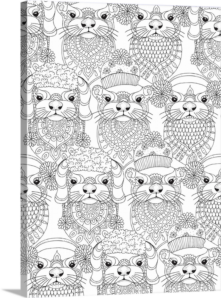 Contemporary black and white line art of animals wearing Winter hats and sweaters.