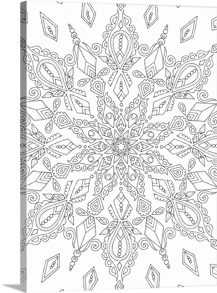 Black and white line art of an intricately designed snowflake.