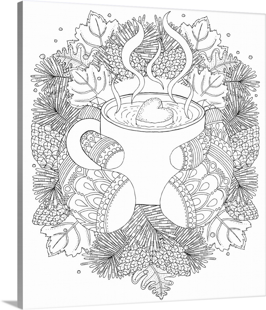 Contemporary lined art design of a Winter wreath with a pair of mittens holding a mug of hot chocolate in the center.