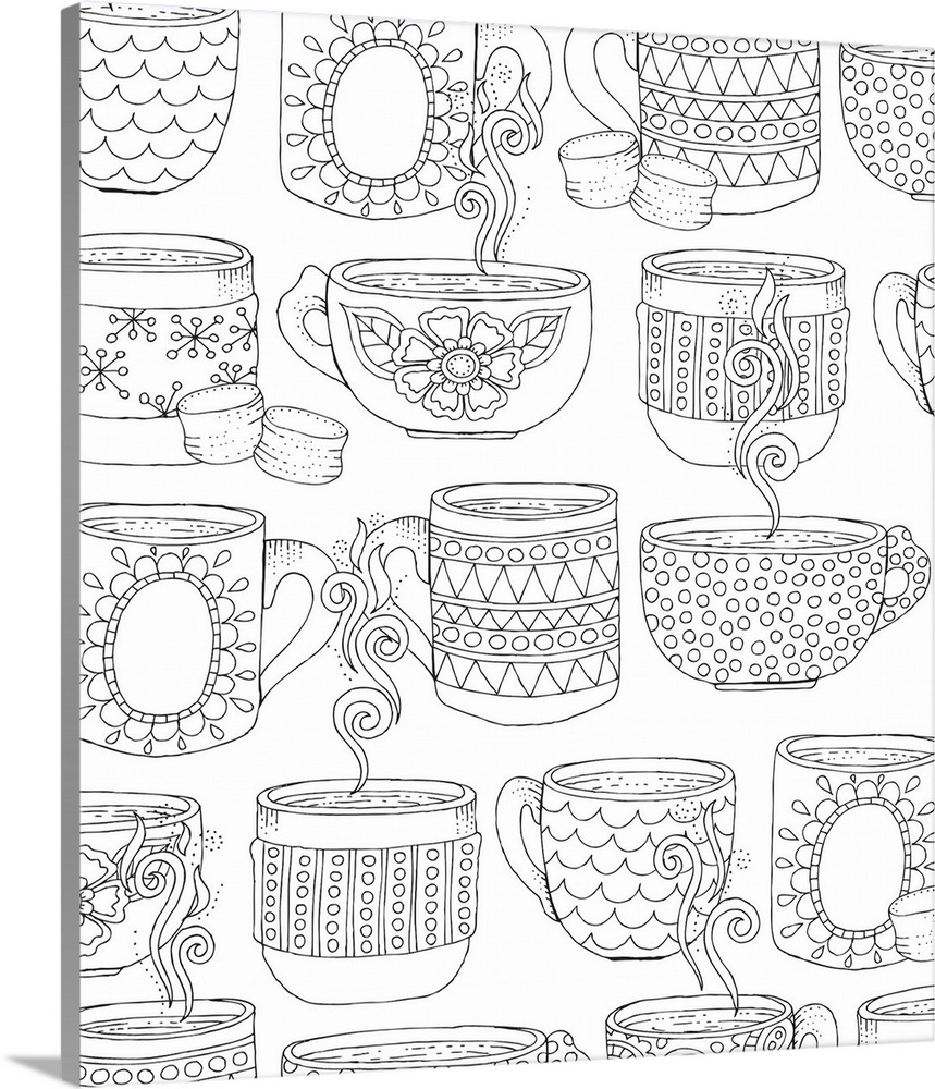 Black and white line art pattern of coffee mugs with steaming hot chocolate inside.