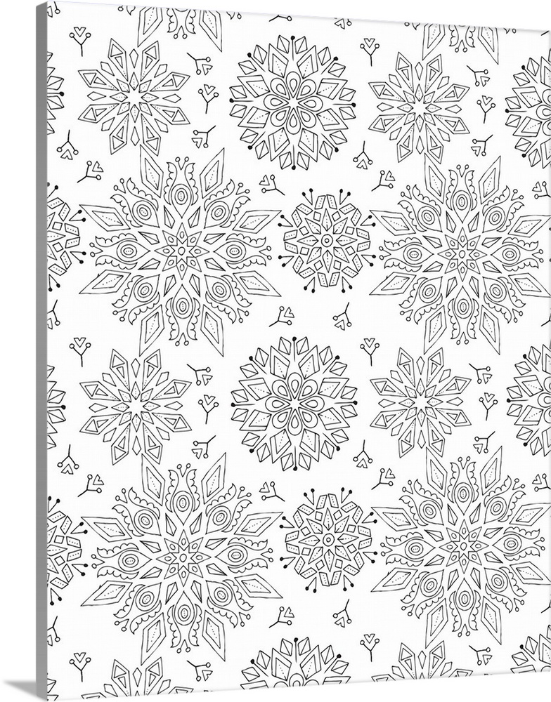 Black and white line art pattern of intricately designed snowflakes.