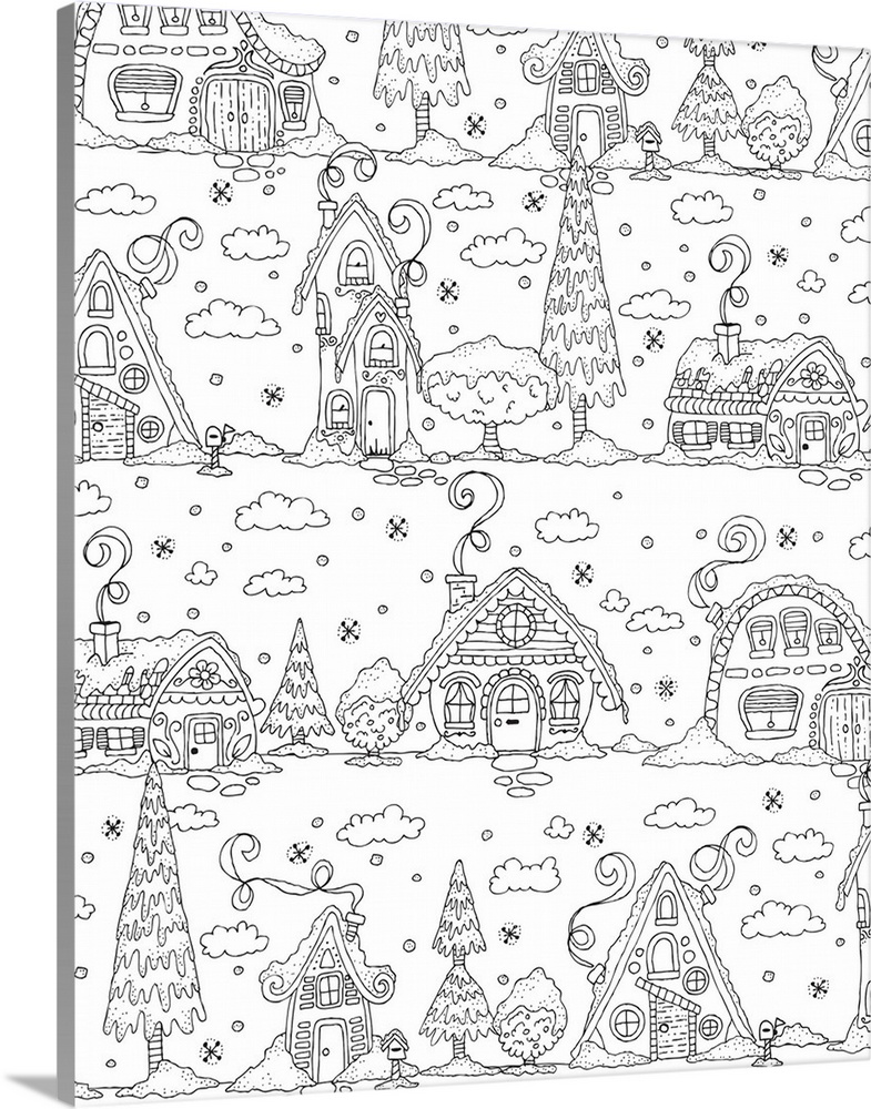 Black and white lined design of a winter wonderland scene with different styled houses and snow.