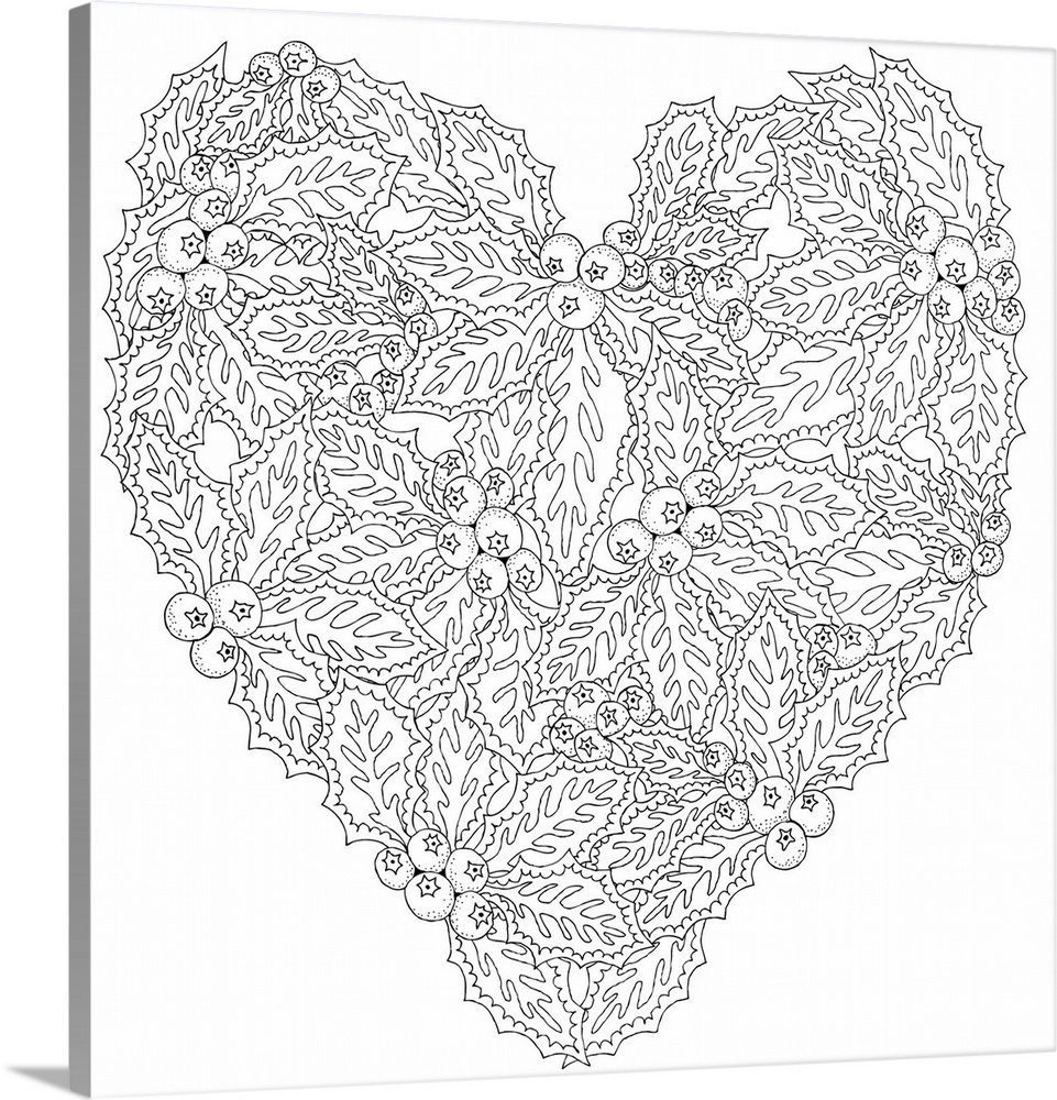Black and white lined design of a heart made up of mistletoe and holly.