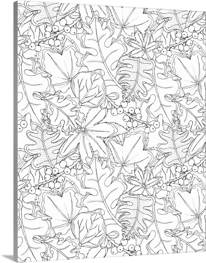 Contemporary black and white line art with a collage of holly and other winter leaves.