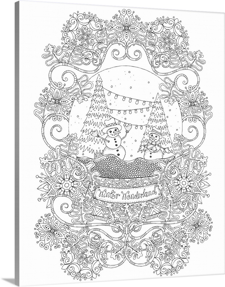 Black and white Winter themed line art with a snowman snow globe surrounded by intricately designed snowflakes.