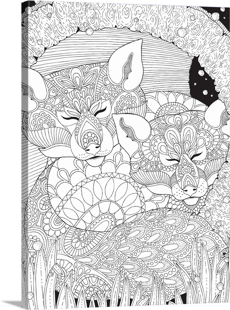 Black and white line art with two intricately designed foxes on a patterned background.