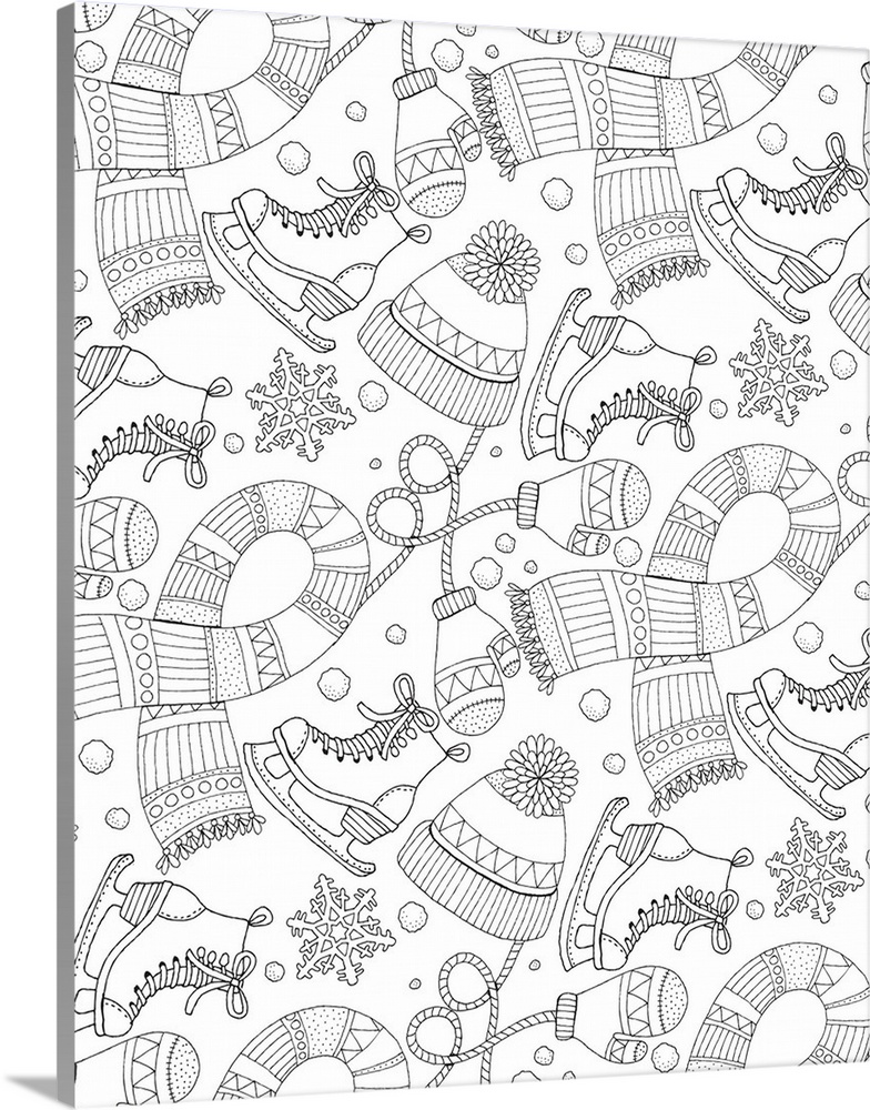Contemporary Winter themed lined art with a mixture of hats, mittens, ice skates, scarves, and snowflakes on a white backg...