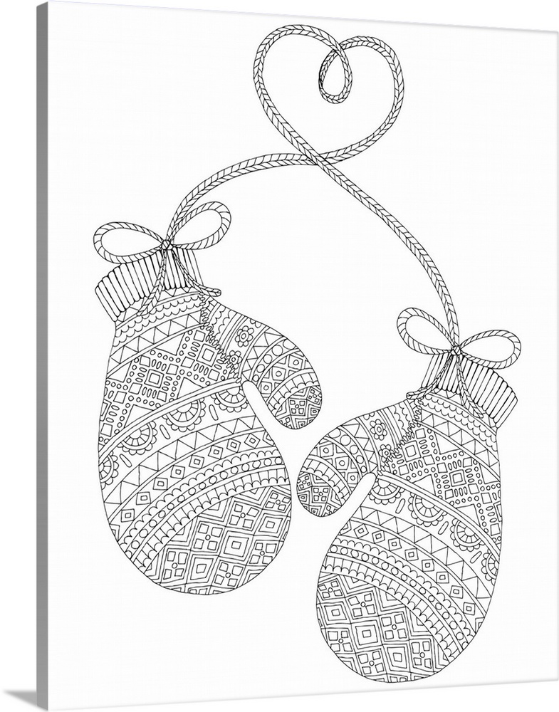Black and white line art of a pair of patterned mittens.