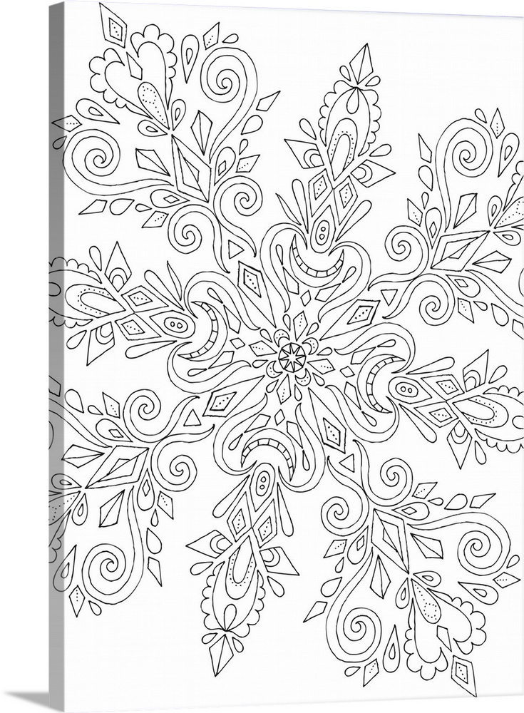 Black and white line art in the shape of a giant snowflake with intricate designs.