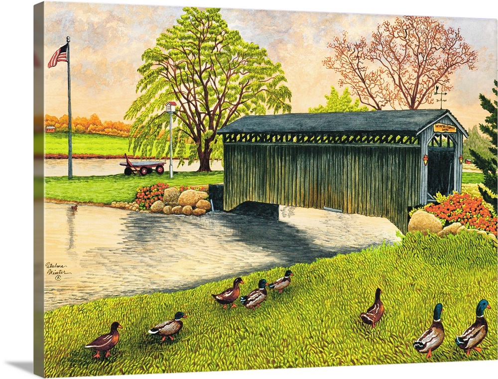 Contemporary artwork of a covered bridge spanning a small river New York.