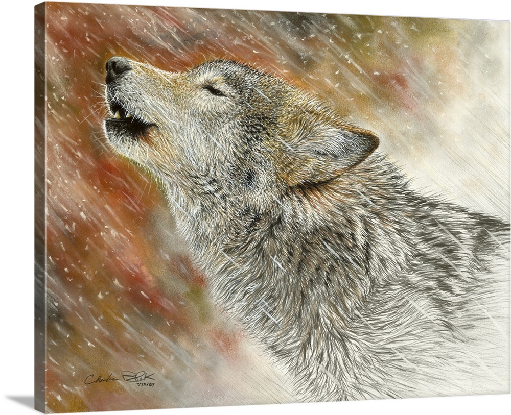 A contemporary painting of a gray wolf howling into the winter air.