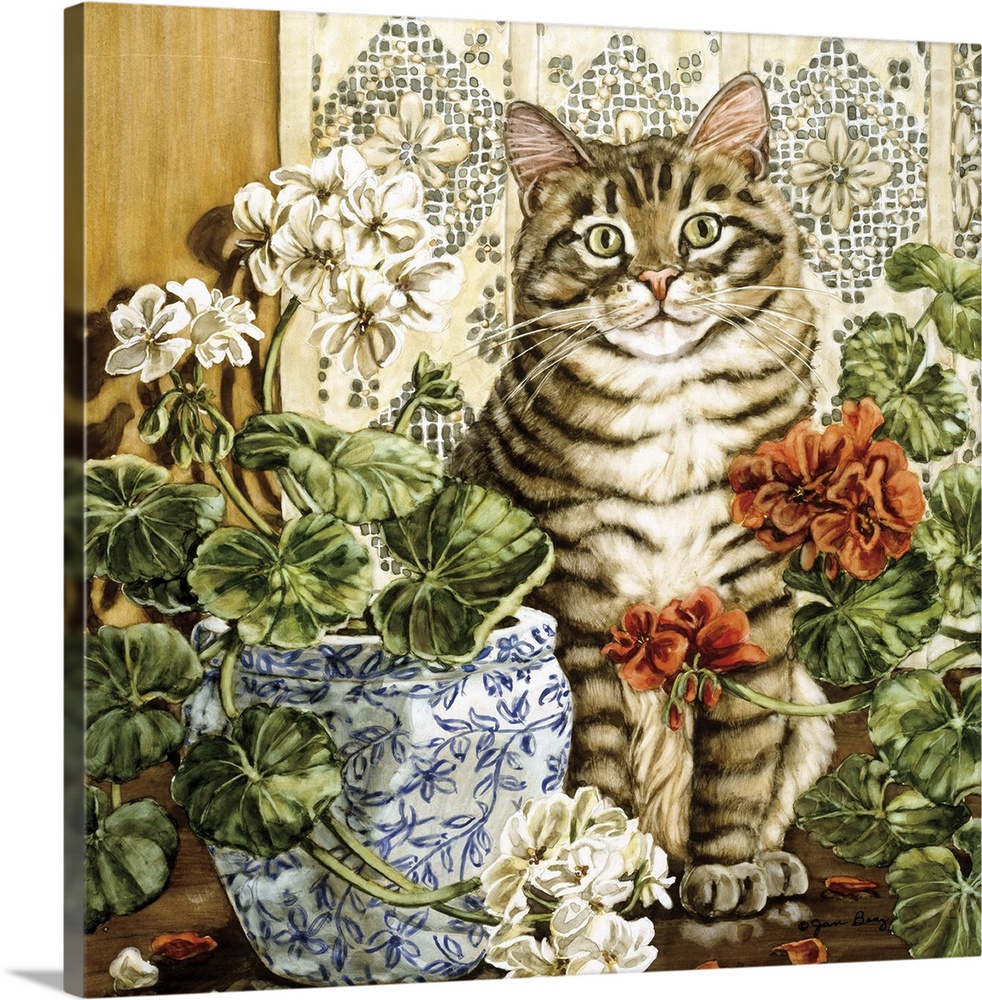 Contemporary painting of a cat sitting, on a table with flowers in vases.