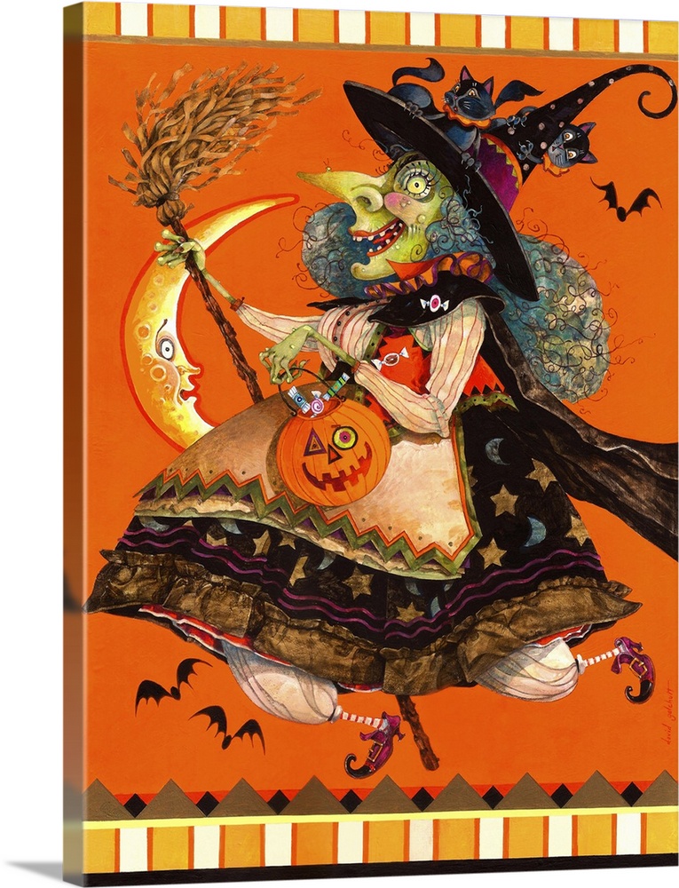 Contemporary artwork of a spooky witch in a happy stride with her head surrounded by bats.