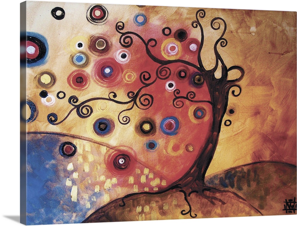 Contemporary painting of a tree with thin, spiraling branches and round spheres of color with a vivid sky.