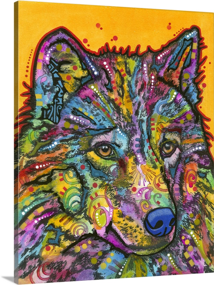 Colorful painting of a wolf with abstract designs on a yellow background with small red dots.