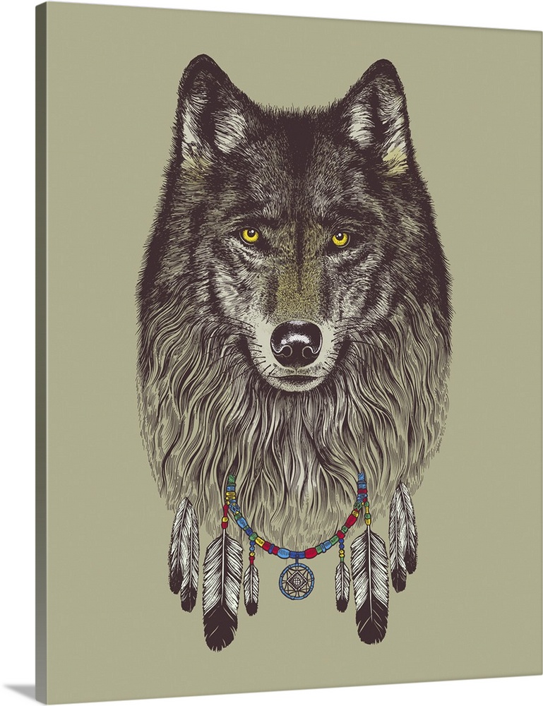 Illustration of a wolf wearing a dream catcher as a necklace.