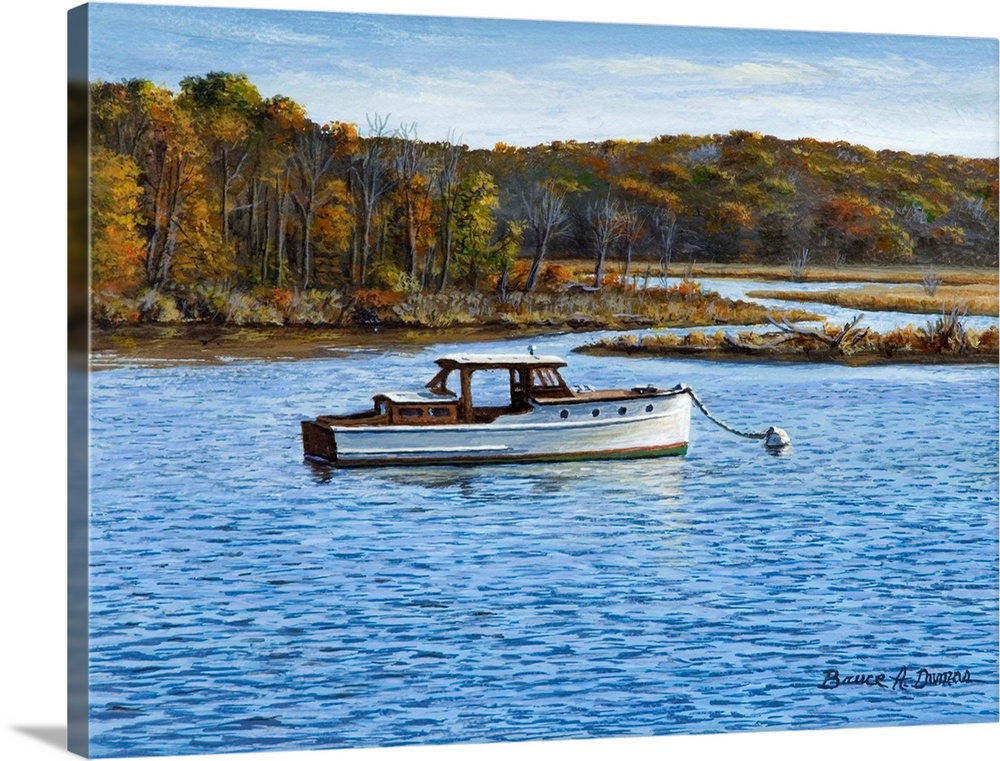 Contemporary artwork of a small wooden boat in the water.