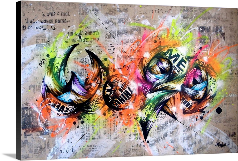 Contemporary artwork with a vibrant urban art feel, using wild colors and shapes.