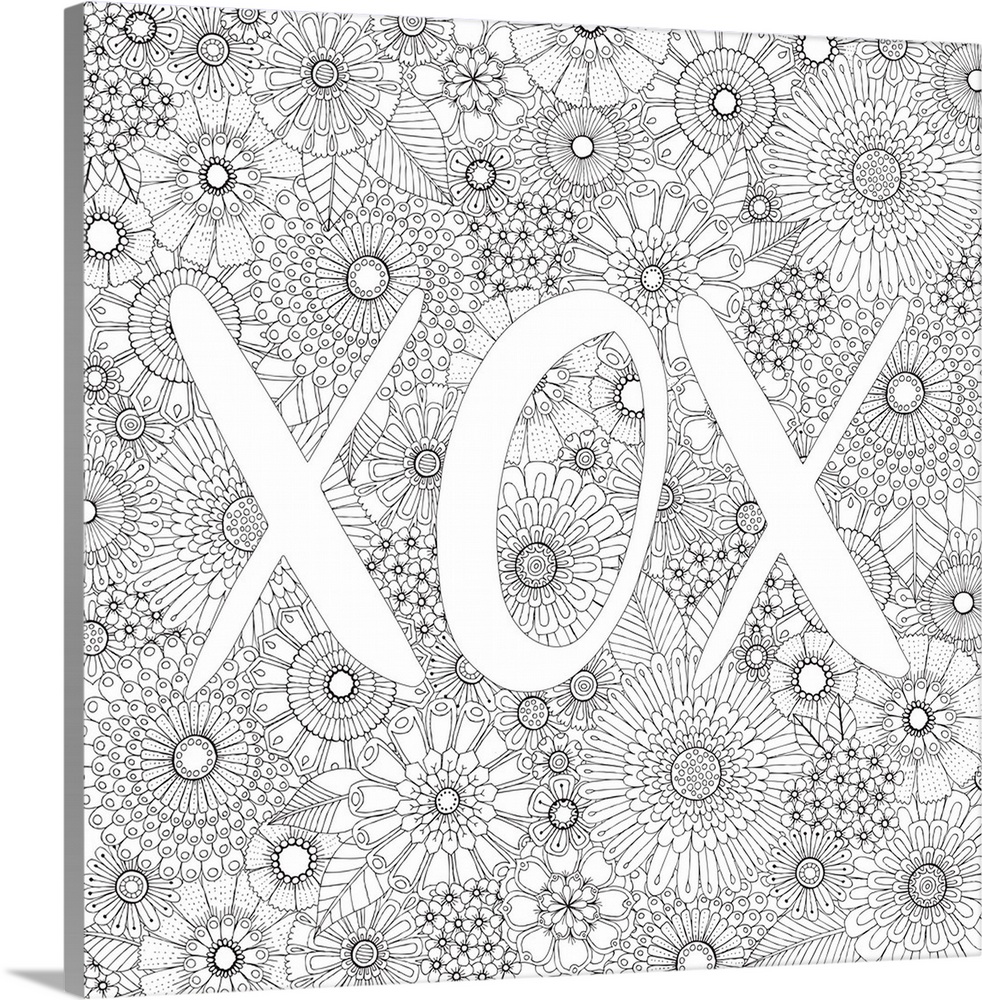 Black and white line art with the letters "XOX" written on top of a floral background.