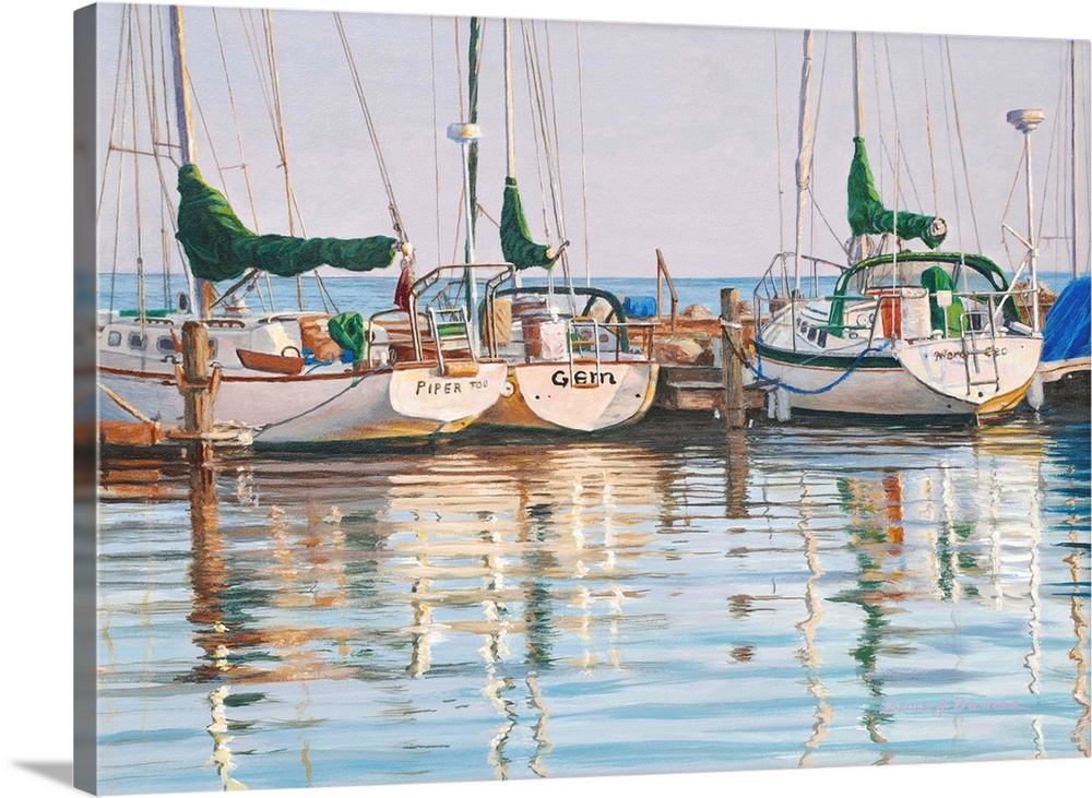 Contemporary painting of a group of yachts docked in the ocean.