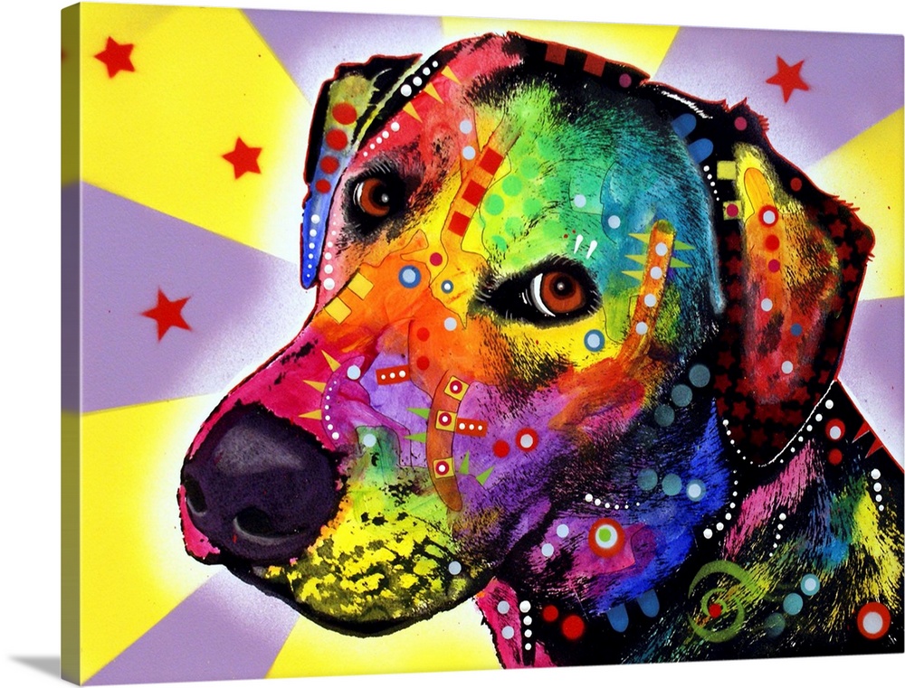 Contemporary stencil painting of a labrador retriever mix filled with various colors and patterns.