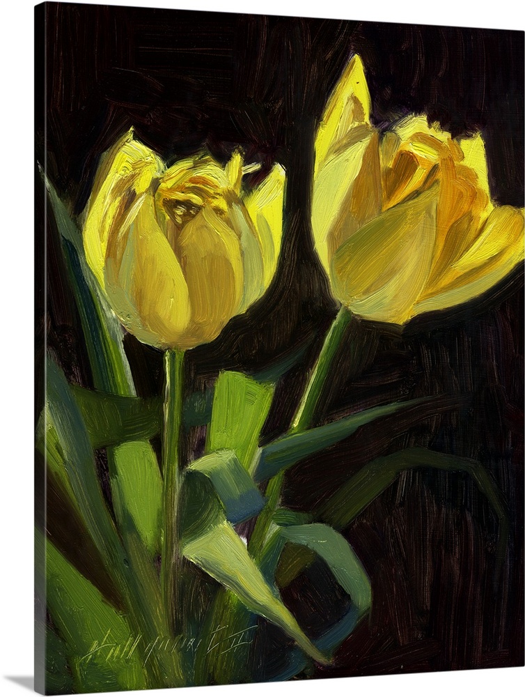 Contemporary still-life painting of yellow tulips.