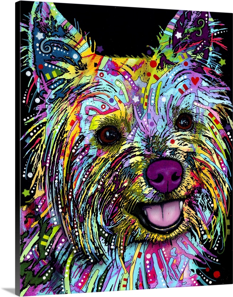 Colorful painting of a Yorkie with graffiti-like designs all over on a black background.