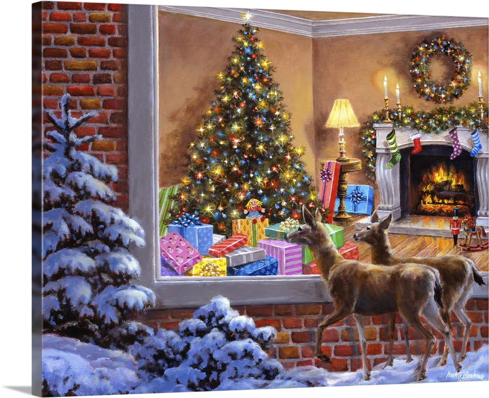 Painting of an indoor scene featuring a large Christmas tree. Product is a painting reproduction only, and does not contai...