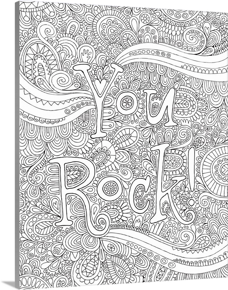 Black and white line art with the phrase "You Rock!" written on top of an intricate design.
