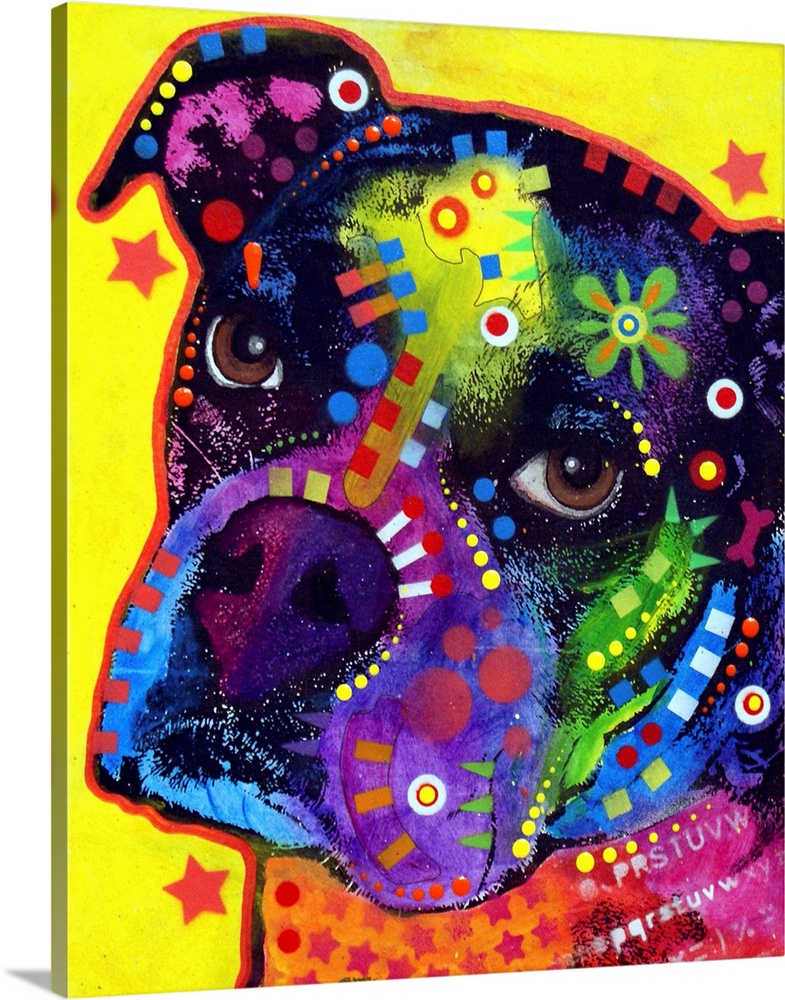Contemporary stencil painting of a boxer filled with various colors and patterns.