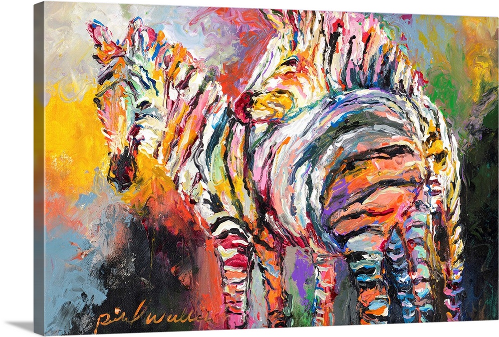 Abstract painting of two colorful zebras leaning on each other.