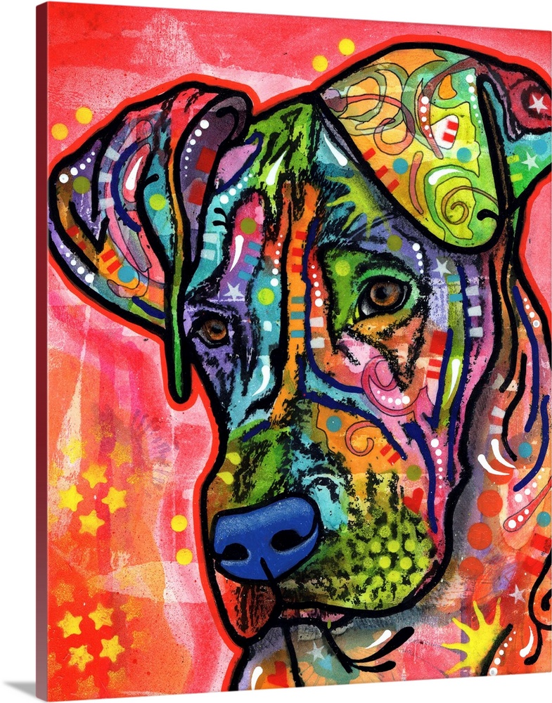 Contemporary art with a colorful dog covered in unique designs.