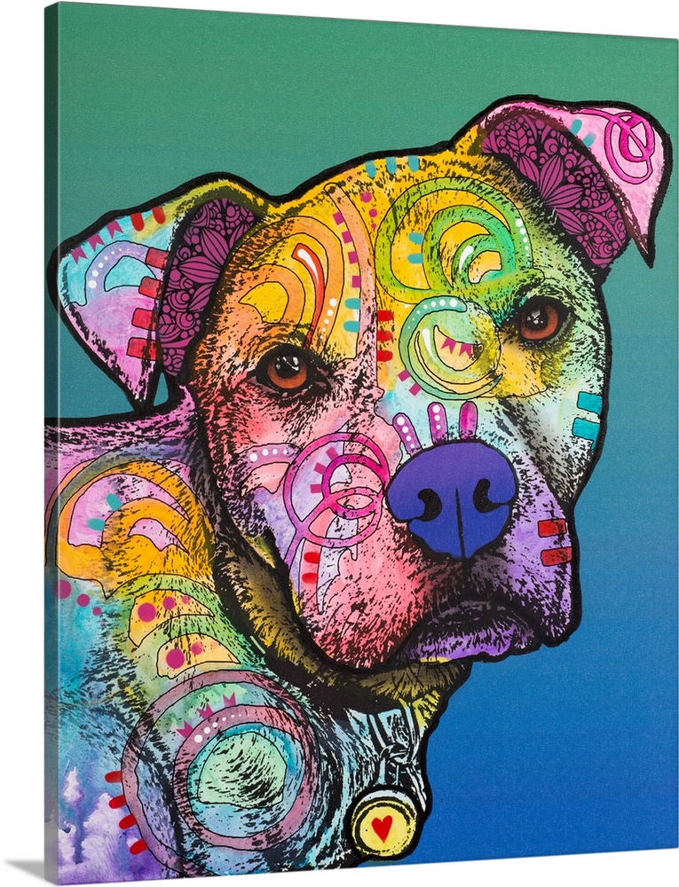 Colorful illustration of a pit bull with abstract designs all over its body on a green and blue background.